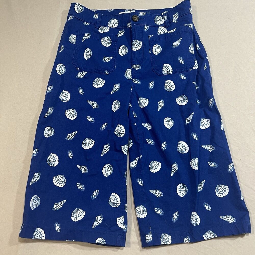 LOFT Women's Blue White Seashell Print Wide Leg Cropped Pants Size 8
